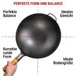 Small Yosukata 36cm Wok aus Schwarzem Kohlenstoffstahl (Runder Boden, Vorbereitete) + Wok-Deckel aus Holz 36cm + Wok-Utensilien-Set: Wokspatel und Schöpflöffel aus Edelstahl mit 43 cm Länge