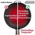 Small Yosukata 36cm Wok aus Schwarzem Kohlenstoffstahl (Runder Boden, Vorbereitete) + Wok-Deckel aus Holz 36cm + Wok-Utensilien-Set: Wokspatel und Schöpflöffel aus Edelstahl mit 43 cm Länge