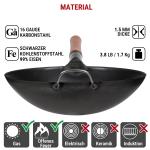 Small Yosukata 36cm Wok aus Schwarzem Kohlenstoffstahl (Runder Boden, Vorbereitete) + Wok-Deckel aus Holz 36cm + Wok-Utensilien-Set: Wokspatel und Schöpflöffel aus Edelstahl mit 43 cm Länge