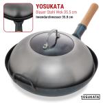 Small Yosukata 36cm Wok aus Blauem Kohlenstoffstahl (Runder Boden, Vorbereitete) + Edelstahl Wok-Deckel 34,5cm (für Wok 36cm) + Wok-Utensilien-Set: Wokspatel und Schöpflöffel aus Edelstahl mit 43 cm Länge