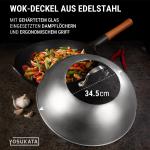 Small Yosukata 36cm Wok aus Schwarzem Kohlenstoffstahl (Runder Boden, Vorbereitete) + Edelstahl Wok-Deckel 34.5cm (für Wok 36cm)