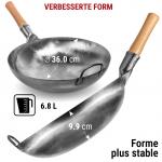 Small Yosukata 36cm Wok aus Silberne Kohlenstoffstahl (Runder Boden, Nicht vorbereitete) + Wok-Utensilien-Set: Wokspatel und Schöpflöffel aus Edelstahl mit 43 cm Länge
