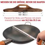 Small Yosukata 36cm Wok aus Schwarzem Kohlenstoffstahl (Runder Boden, Vorbereitete) + Wok-Deckel aus Holz 36cm + Wok-Utensilien-Set: Wokspatel und Schöpflöffel aus Edelstahl mit 43 cm Länge