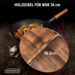 Small Yosukata 36cm Wok aus Schwarzem Kohlenstoffstahl (Runder Boden, Vorbereitete) + Wok-Deckel aus Holz 36cm + Wok-Utensilien-Set: Wokspatel und Schöpflöffel aus Edelstahl mit 43 cm Länge