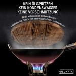 Small Yosukata 36cm Wok aus Schwarzem Kohlenstoffstahl (Runder Boden, Vorbereitete) + Wok-Deckel aus Holz 36cm + Wok-Utensilien-Set: Wokspatel und Schöpflöffel aus Edelstahl mit 43 cm Länge