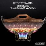 Small Yosukata 36cm Wok aus Schwarzem Kohlenstoffstahl (Runder Boden, Vorbereitete) + Wok-Deckel aus Holz 36cm + Wok-Utensilien-Set: Wokspatel und Schöpflöffel aus Edelstahl mit 43 cm Länge