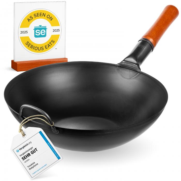 34cm Wok aus Schwarzem Kohlenstoffstahl (Flacher Boden, Vorbereitete)
