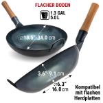Small Yosukata 34cm Wok aus Blauem Kohlenstoffstahl (Flacher Boden, Vorbereitete) + Wok-Deckel aus Holz 34cm + Wok-Utensilien-Set: Wokspatel und Schöpflöffel aus Edelstahl mit 43 cm Länge