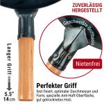 Small Yosukata 34cm Wok aus Blauem Kohlenstoffstahl (Flacher Boden, Vorbereitete) + Edelstahl Wok-Deckel 32,5cm (für Wok 34cm) + Wok-Utensilien-Set: Wokspatel und Schöpfkelle aus vorbereitetem Karbonstahl und Bambus-Essstäbchen mit 43 cm Länge