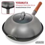 Small Yosukata 34cm Wok aus Blauem Kohlenstoffstahl (Flacher Boden, Vorbereitete) + Edelstahl Wok-Deckel 32,5cm (für Wok 34cm) + Wok-Utensilien-Set: Wokspatel und Schöpfkelle aus vorbereitetem Karbonstahl und Bambus-Essstäbchen mit 43 cm Länge