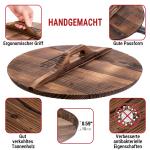 Small Yosukata 34cm Wok aus Schwarzem Kohlenstoffstahl (Flacher Boden, Vorbereitete) + Wok-Deckel aus Holz 34cm + Wok-Utensilien-Set: Wokspatel und Schöpflöffel aus Edelstahl mit 43 cm Länge