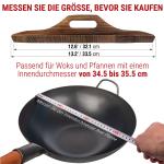 Small Yosukata 34cm Wok aus Schwarzem Kohlenstoffstahl (Flacher Boden, Vorbereitete) + Wok-Deckel aus Holz 34cm + Wok-Utensilien-Set: Wokspatel und Schöpflöffel aus Edelstahl mit 43 cm Länge