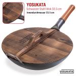 Small Yosukata 34cm Wok aus Schwarzem Kohlenstoffstahl (Flacher Boden, Vorbereitete) + Wok-Deckel aus Holz 34cm + Wok-Utensilien-Set: Wokspatel und Schöpflöffel aus Edelstahl mit 43 cm Länge