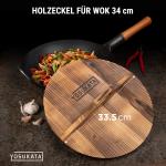 Small Yosukata 34cm Wok aus Schwarzem Kohlenstoffstahl (Flacher Boden, Vorbereitete) + Wok-Deckel aus Holz 34cm + Wok-Utensilien-Set: Wokspatel und Schöpflöffel aus Edelstahl mit 43 cm Länge