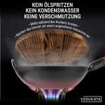 Small Yosukata 34cm Wok aus Schwarzem Kohlenstoffstahl (Flacher Boden, Vorbereitete) + Wok-Deckel aus Holz 34cm + Wok-Utensilien-Set: Wokspatel und Schöpflöffel aus Edelstahl mit 43 cm Länge