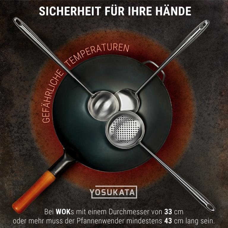 Yosukata Wok-Utensilien-Set: Spatel & Schöpflöffel & Schaumlöffel aus Edelstahl mit 43 cm Länge