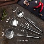 Small Yosukata Wok-Utensilien-Set: Spatel & Schöpflöffel & Schaumlöffel aus Edelstahl mit 43 cm Länge