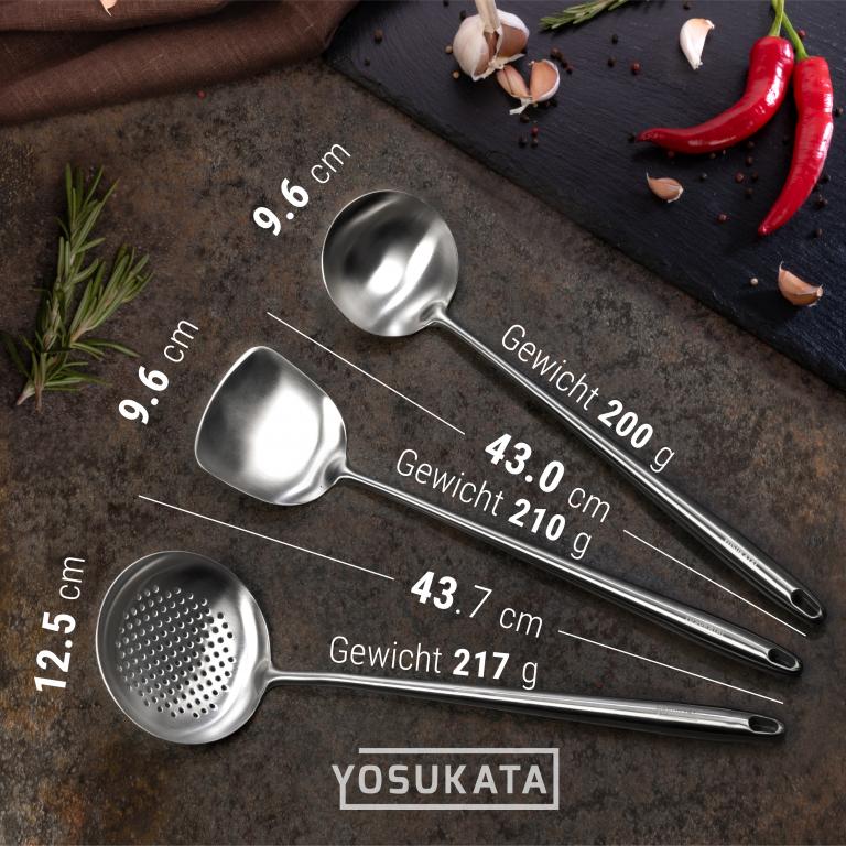 Yosukata Wok-Utensilien-Set: Spatel & Schöpflöffel & Schaumlöffel aus Edelstahl mit 43 cm Länge