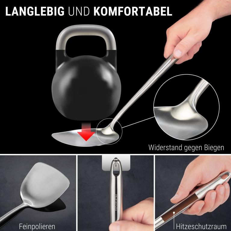 Yosukata Wok-Utensilien-Set: Spatel & Schöpflöffel & Schaumlöffel aus Edelstahl mit 43 cm Länge