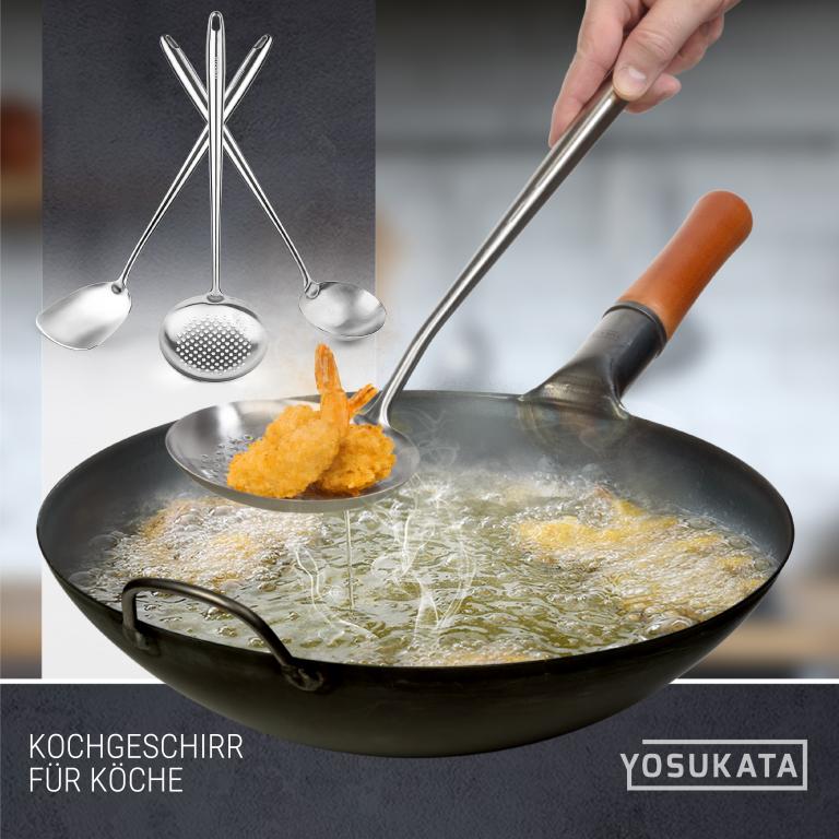 Yosukata Wok-Utensilien-Set: Spatel & Schöpflöffel & Schaumlöffel aus Edelstahl mit 43 cm Länge