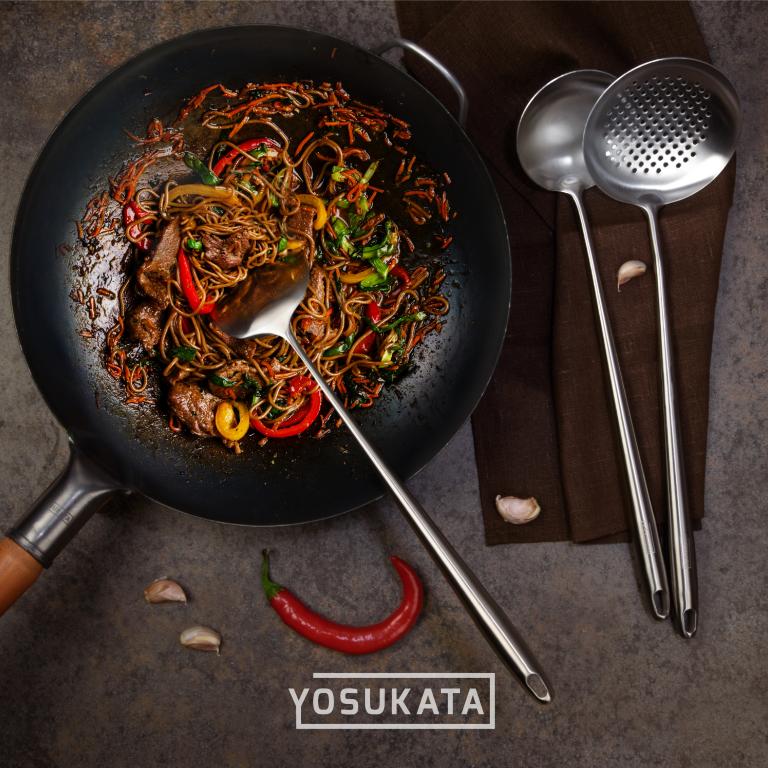 Yosukata Wok-Utensilien-Set: Spatel & Schöpflöffel & Schaumlöffel aus Edelstahl mit 43 cm Länge