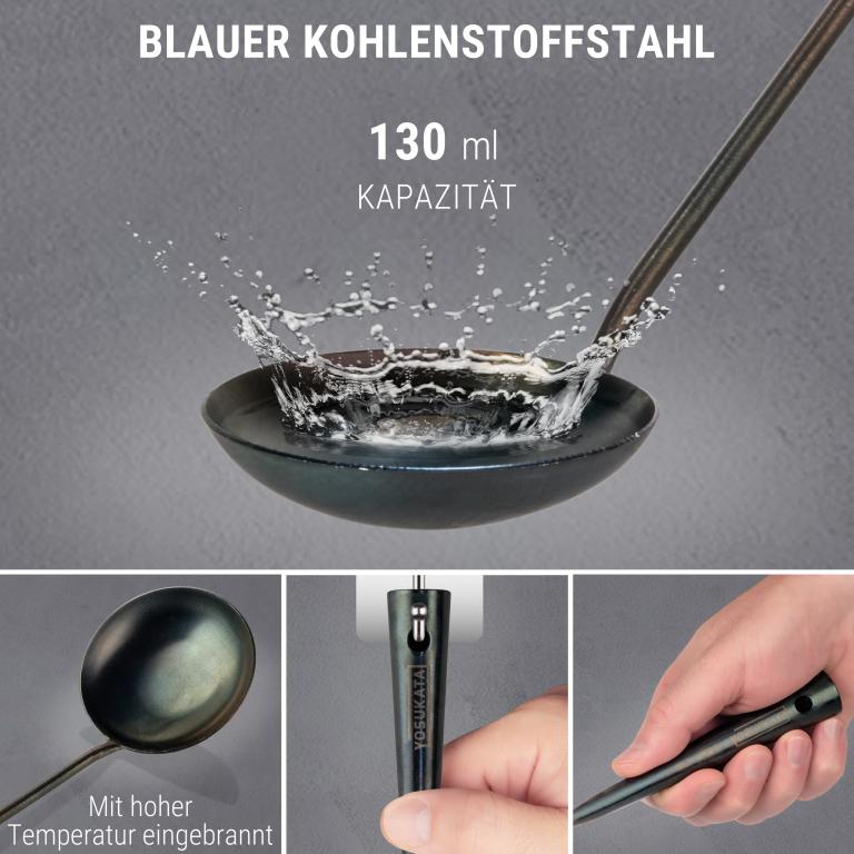 Yosukata Wok-Utensilien-Set: Wokspatel und Schöpfkelle aus vorbereitetem Karbonstahl und Bambus-Essstäbchen mit 43 cm Länge