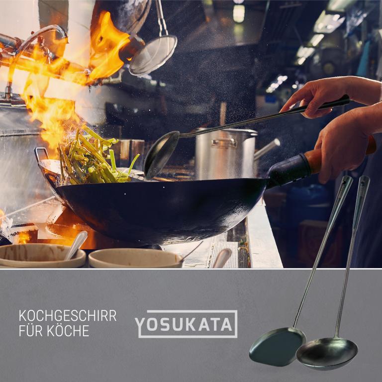 Yosukata Wok-Utensilien-Set: Wokspatel und Schöpfkelle aus vorbereitetem Karbonstahl und Bambus-Essstäbchen mit 43 cm Länge