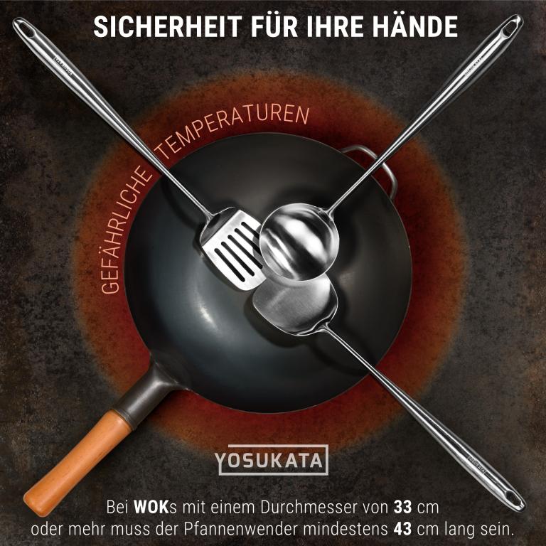 Yosukata Wok-Utensilien-Set: Spatel & Schöpflöffel & Pfannenwender aus Edelstahl mit 43 cm Länge