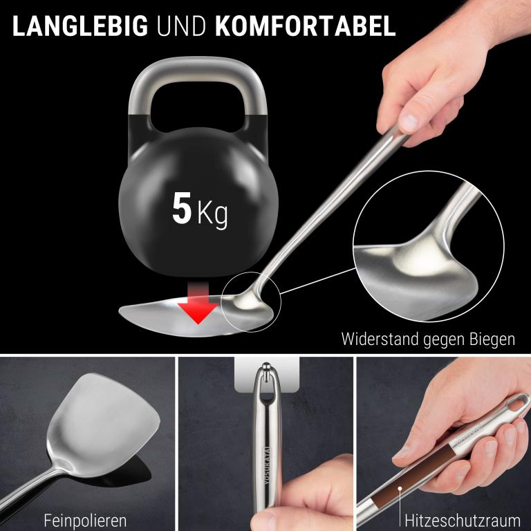 Yosukata Wok-Utensilien-Set: Spatel & Schöpflöffel & Pfannenwender aus Edelstahl mit 43 cm Länge