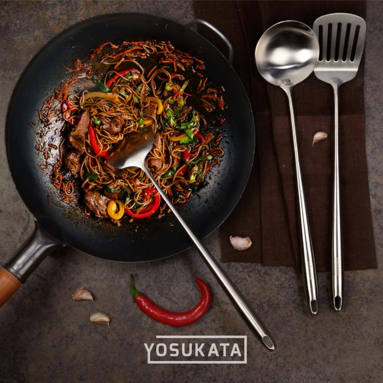 Yosukata Wok-Utensilien-Set: Spatel & Schöpflöffel & Pfannenwender aus Edelstahl mit 43 cm Länge