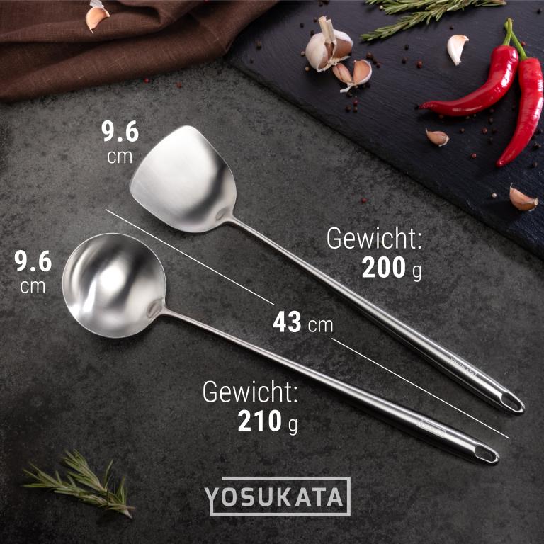 Yosukata Wok-Utensilien-Set: Wokspatel und Schöpflöffel aus Edelstahl mit 43 cm Länge