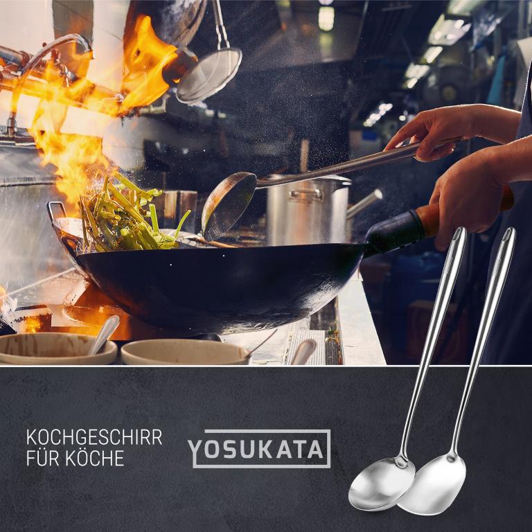 Yosukata Wok-Utensilien-Set: Wokspatel und Schöpflöffel aus Edelstahl mit 43 cm Länge