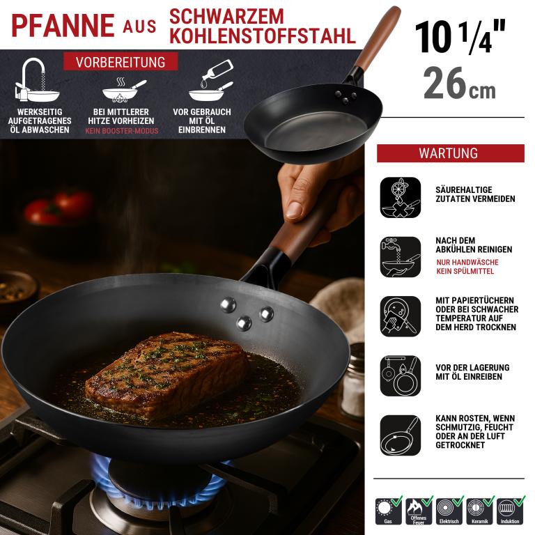 Yosukata 26cm Schwarze Bratpfanne aus Kohlenstoffstahl (Vorbereitete)