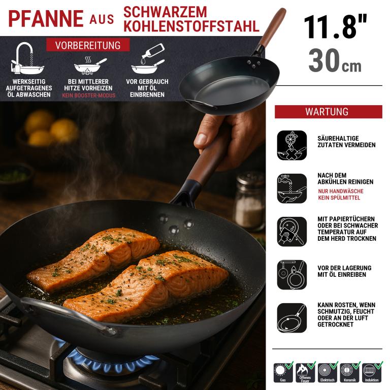 Yosukata 30cm Schwarze Bratpfanne aus Kohlenstoffstahl (Vorbereitete)