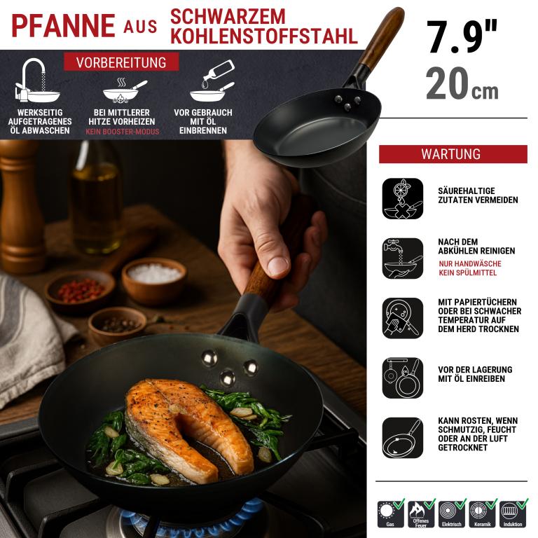 Yosukata 20cm Schwarze Bratpfanne aus Kohlenstoffstahl (Vorbereitete)