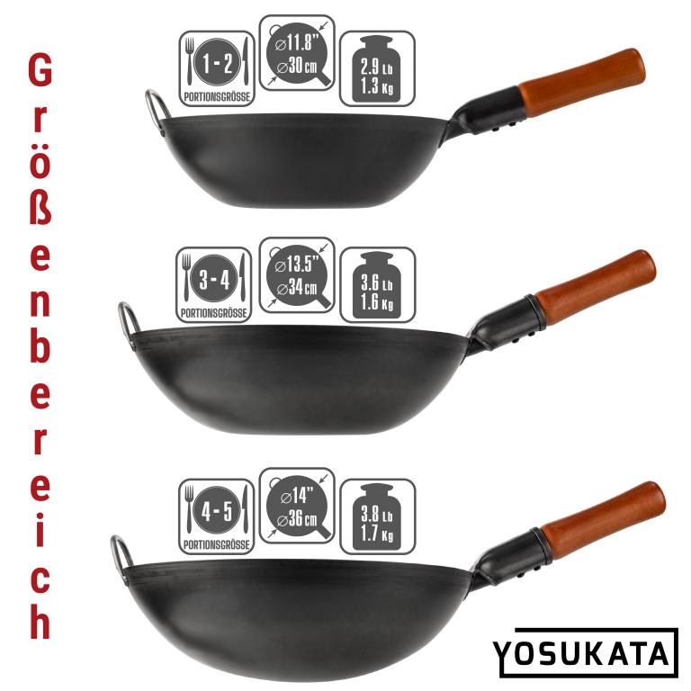 Yosukata 30cm Wok aus Schwarzem Kohlenstoffstahl (Flacher Boden, Vorbereitete)
