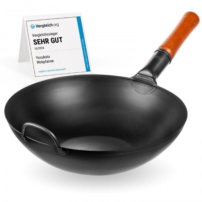 Yosukata 34cm Wok aus Schwarzem Kohlenstoffstahl (Flacher Boden, Vorbereitete)