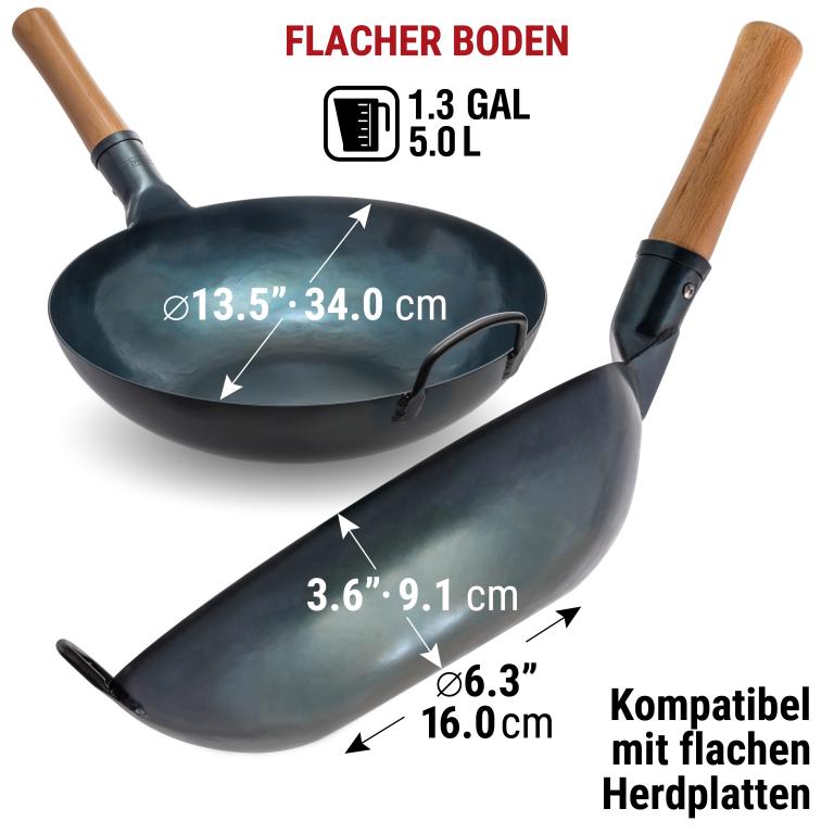 Yosukata 34cm Wok aus Blauem Kohlenstoffstahl (Flacher Boden, Vorbereitete)