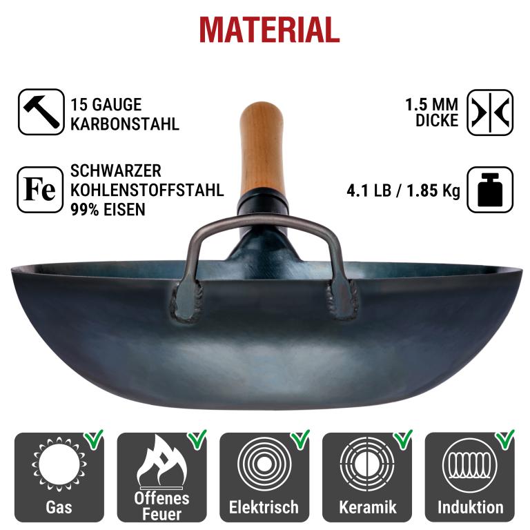 Yosukata 34cm Wok aus Blauem Kohlenstoffstahl (Flacher Boden, Vorbereitete)