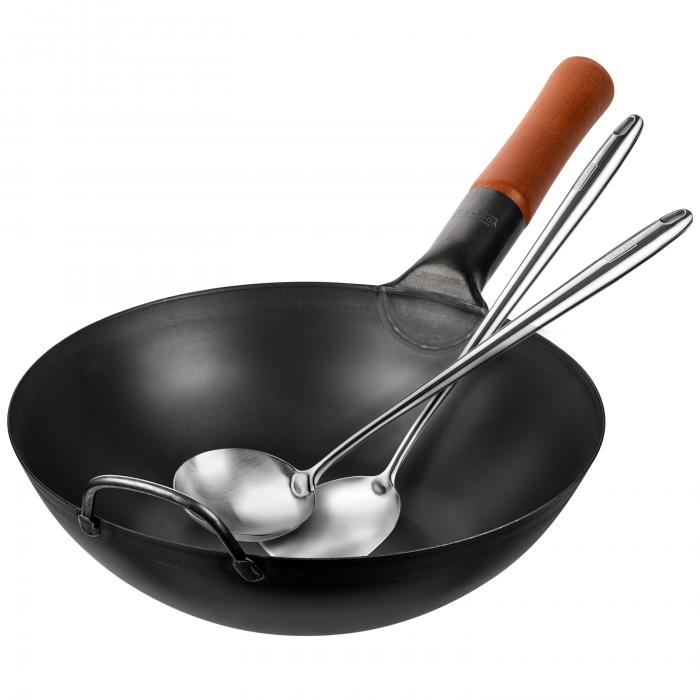Yosukata 34cm Wok aus Schwarzem Kohlenstoffstahl (Flacher Boden, Vorbereitete)+Wok-Utensilien-Set: Wokspatel und Schöpflöffel aus Edelstahl mit 43 cm Länge