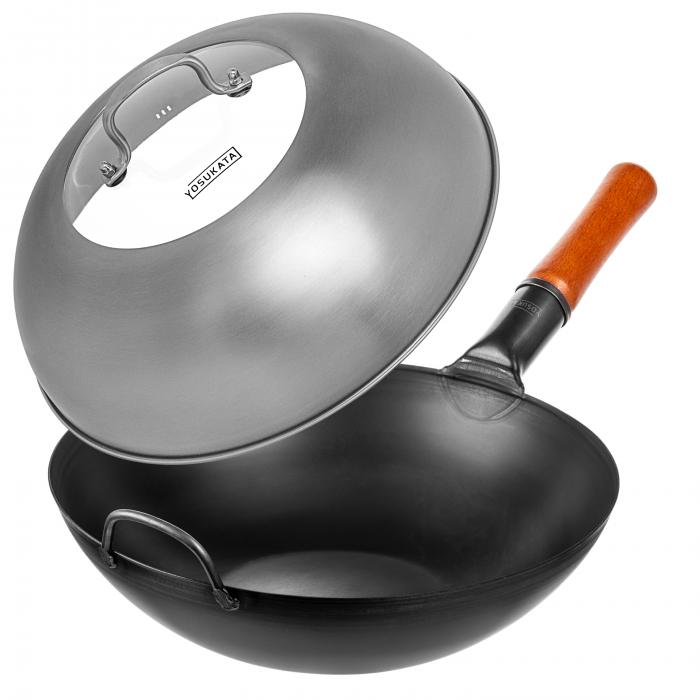 Yosukata 34cm Wok aus Schwarzem Kohlenstoffstahl (Flacher Boden, Vorbereitete) + Edelstahl Wok-Deckel 32,5cm (für Wok 34cm)