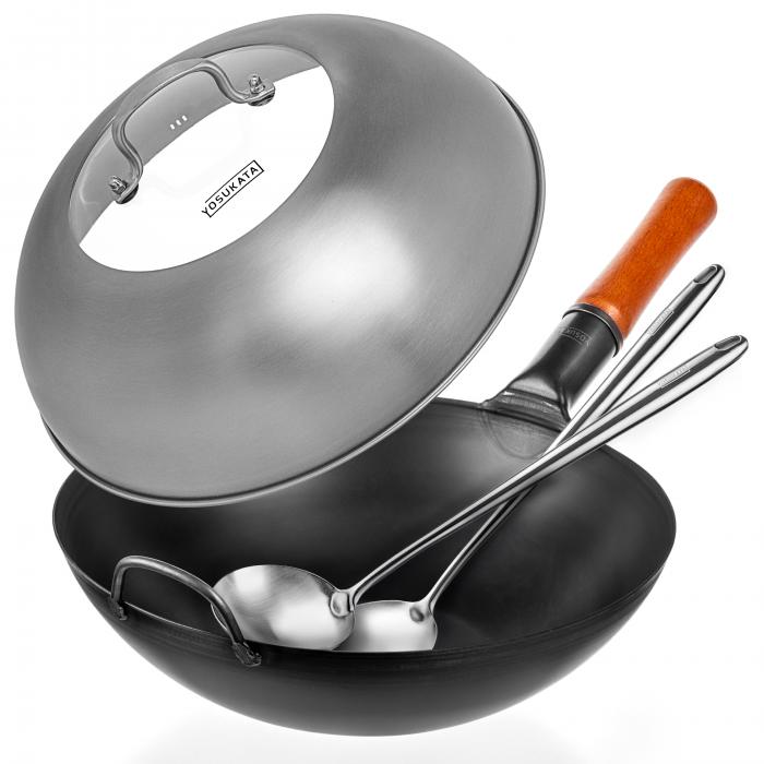 Yosukata 34cm Wok aus Schwarzem Kohlenstoffstahl (Flacher Boden, Vorbereitete) + Edelstahl Wok-Deckel 32,5cm (für Wok 34cm) + Wok-Utensilien-Set: Wokspatel und Schöpflöffel aus Edelstahl mit 43 cm Länge