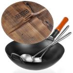 Small Yosukata 34cm Wok aus Schwarzem Kohlenstoffstahl (Flacher Boden, Vorbereitete) + Wok-Deckel aus Holz 34cm + Wok-Utensilien-Set: Wokspatel und Schöpflöffel aus Edelstahl mit 43 cm Länge
