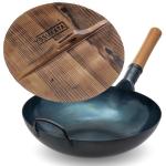 Small Yosukata 34cm Wok aus Blauem Kohlenstoffstahl (Flacher Boden, Vorbereitete) + Wok-Deckel aus Holz 34cm