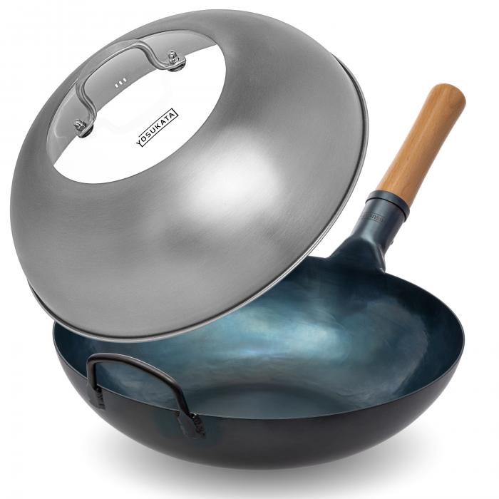 Yosukata 34cm Wok aus Blauem Kohlenstoffstahl (Flacher Boden, Vorbereitete) + Edelstahl Wok-Deckel 32,5cm (für Wok 34cm)