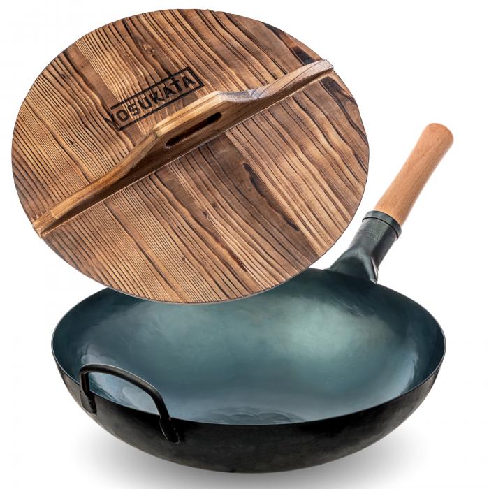 Yosukata 36cm Wok aus Blauem Kohlenstoffstahl (Runder Boden, Vorbereitete)+Wok-Deckel aus Holz 36cm
