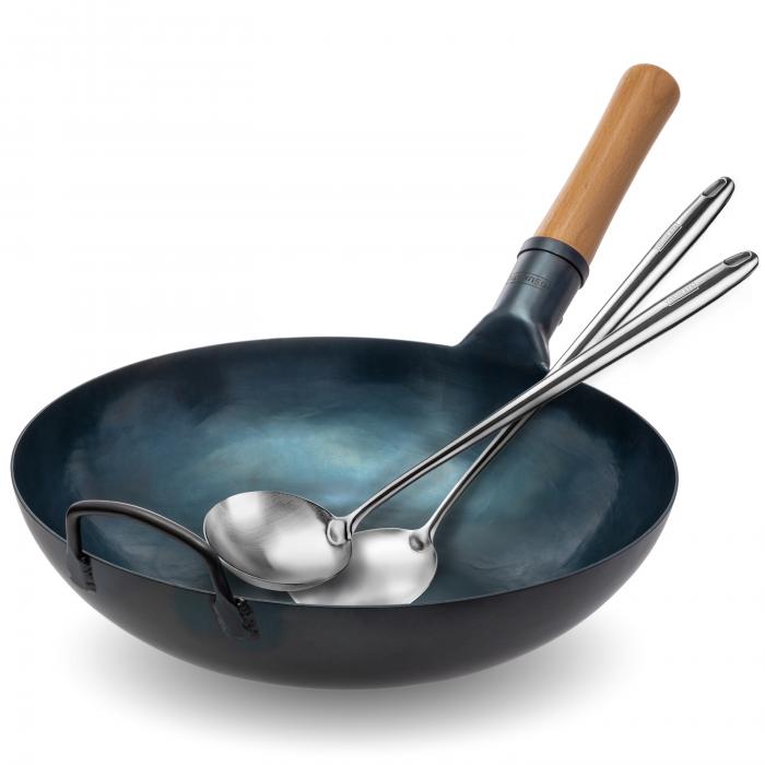 Yosukata 34cm Wok aus Blauem Kohlenstoffstahl (Flacher Boden, Vorbereitete)  + Wok-Utensilien-Set: Wokspatel und Schöpflöffel aus Edelstahl mit 43 cm Länge