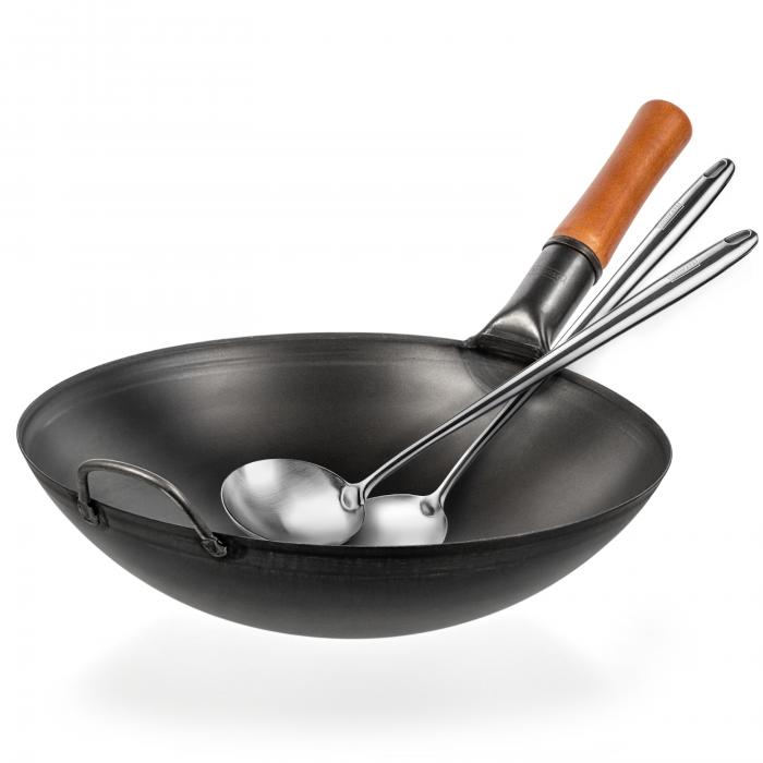 Yosukata 36cm Wok aus Schwarzem Kohlenstoffstahl (Runder Boden, Vorbereitete) + Wok-Utensilien-Set: Wokspatel und Schöpflöffel aus Edelstahl mit 43 cm Länge
