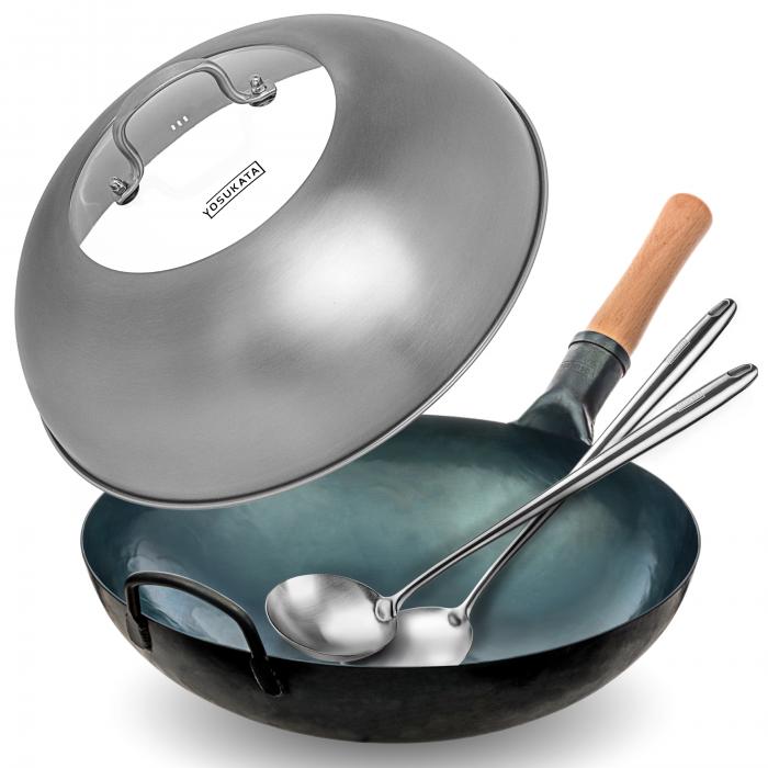 Yosukata 36cm Wok aus Blauem Kohlenstoffstahl (Runder Boden, Vorbereitete) + Edelstahl Wok-Deckel 34,5cm (für Wok 36cm) + Wok-Utensilien-Set: Wokspatel u