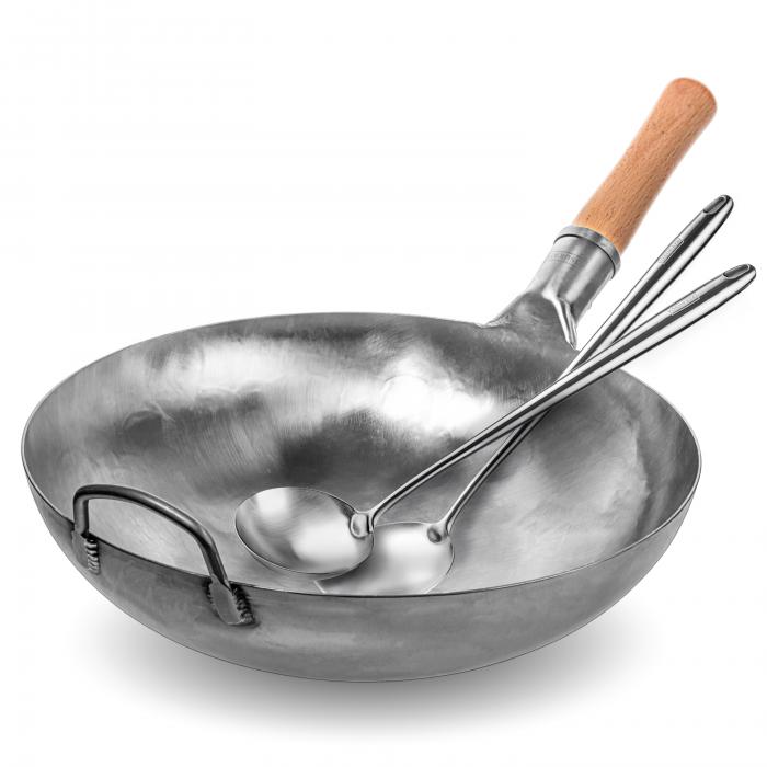 Yosukata 36cm Wok aus Silberne Kohlenstoffstahl (Runder Boden, Nicht vorbereitete) + Wok-Utensilien-Set: Wokspatel und Schöpflöffel aus Edelstahl mit 43 cm Länge
